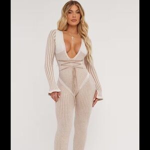 Long Sleeve Plunge Strappy Waist Detail Split Leg Jumpsuit in Contrast Cream Rib